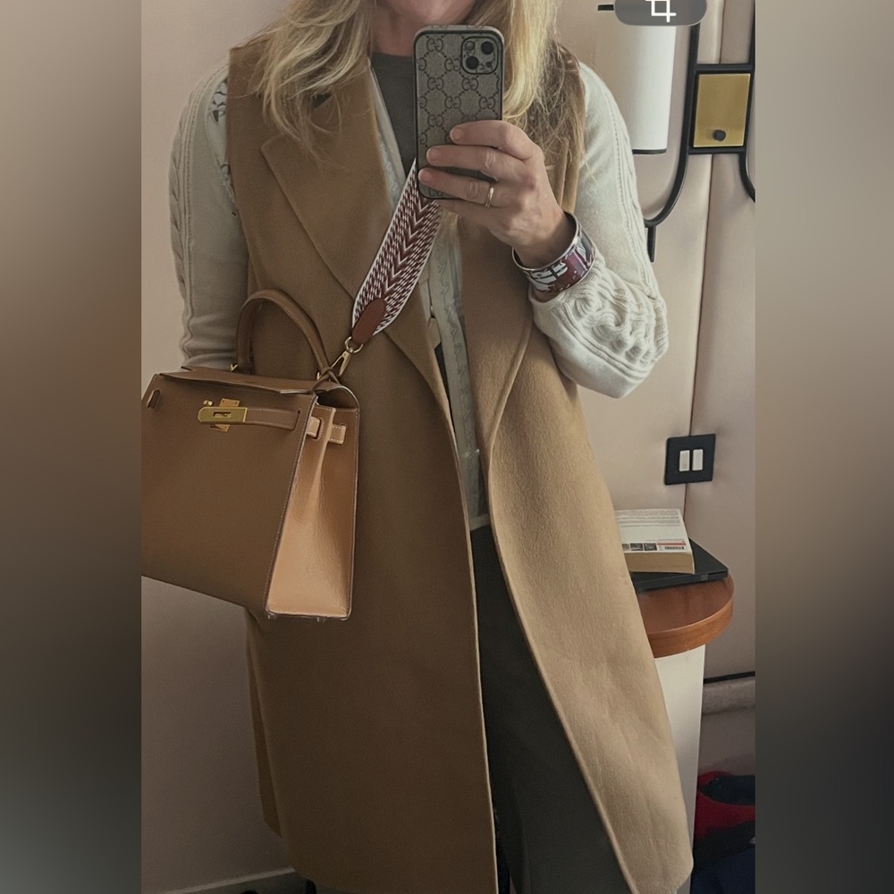 Michael Kors Camel Belted Wool-Blend Sleeveless Coat Vest